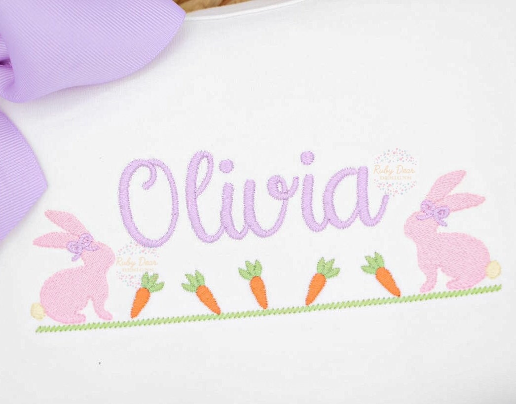 Easter Girl Bunny with Carrots Satin and Fill Stitch Machine Embroidery Design