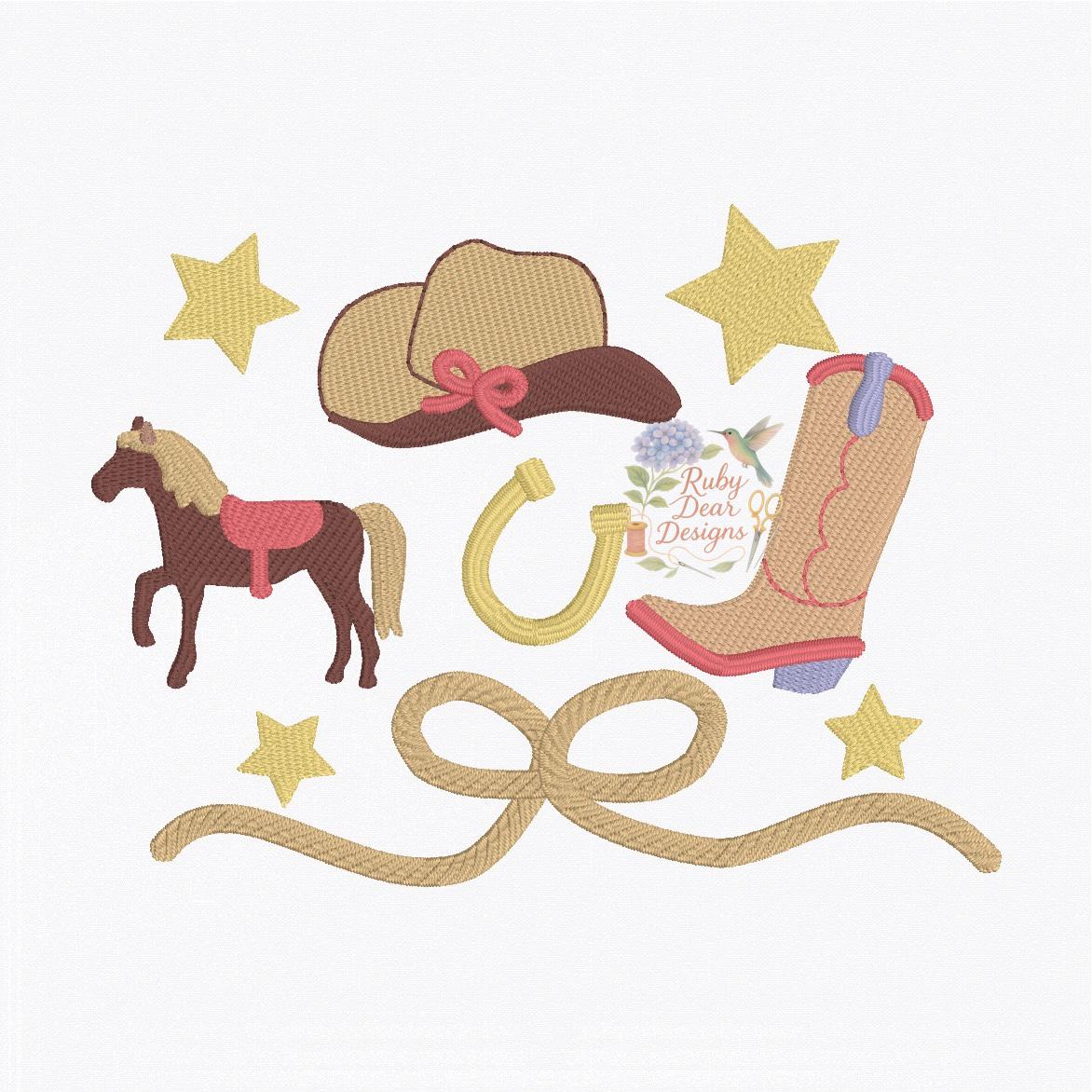 Build Your Own Cowgirl Mini Set of 6 Satin Fill and Bean Stitch Machine Embroidery Design *Font is NOT included!*