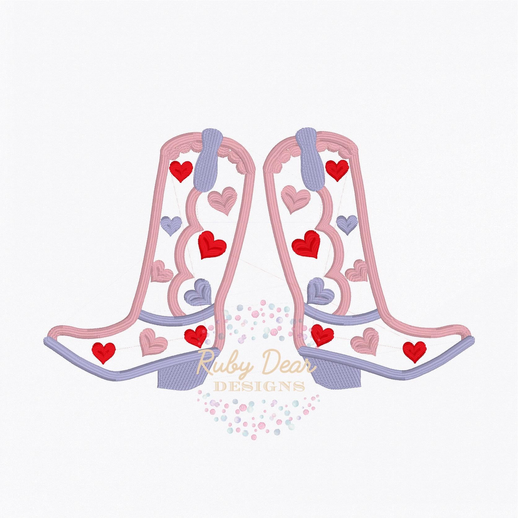 Valentine's Heart Cowgirl Boot Satin Outline Stitch Machine Embroidery Design