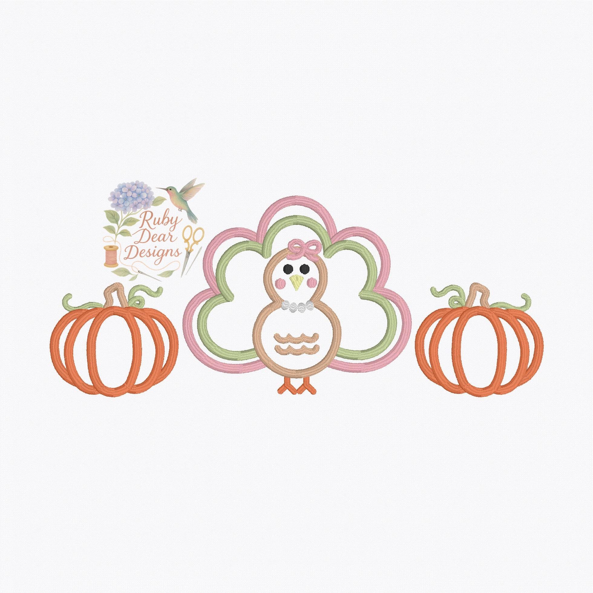 Turkey Girl and Pumpkins Satin Outline Stitch Machine Embroidery Design