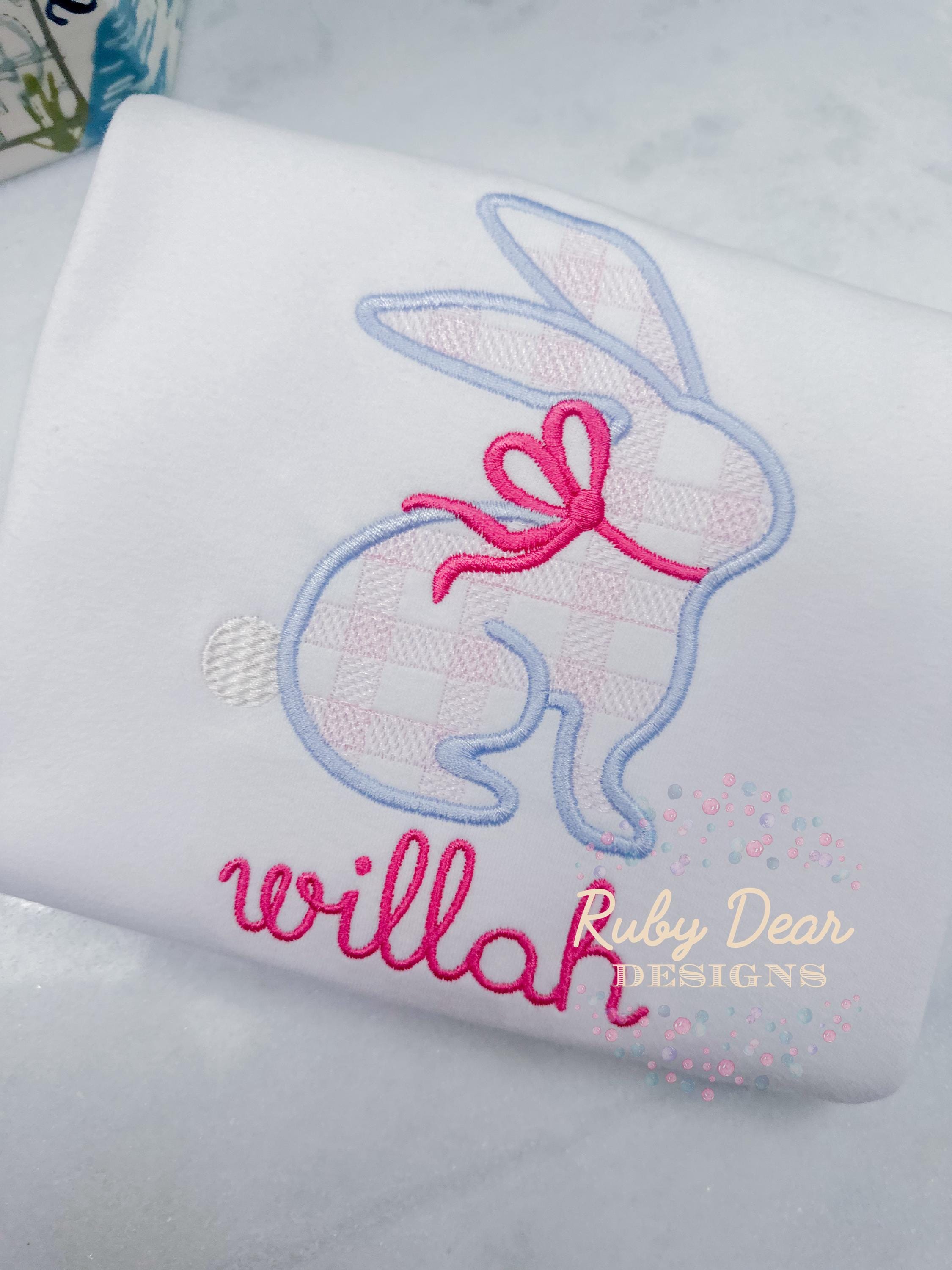 Bunny Girl with Bow Gingham Sketch with Satin Outline Machine Embroidery Design