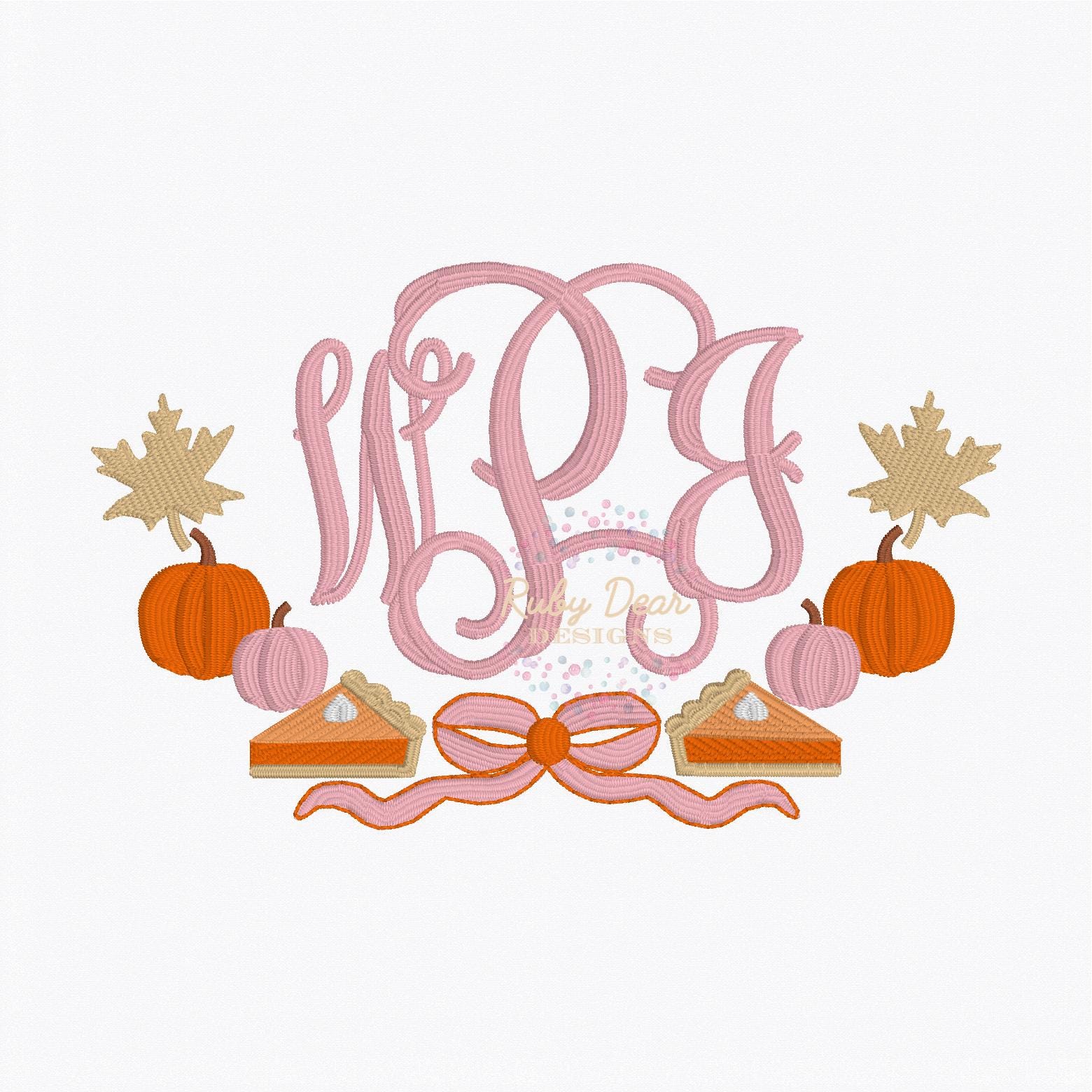 Pumpkin Pie Fall Leaf Bow Monogram Frame Satin Fill Bean Stitch Machine Embroidery Design