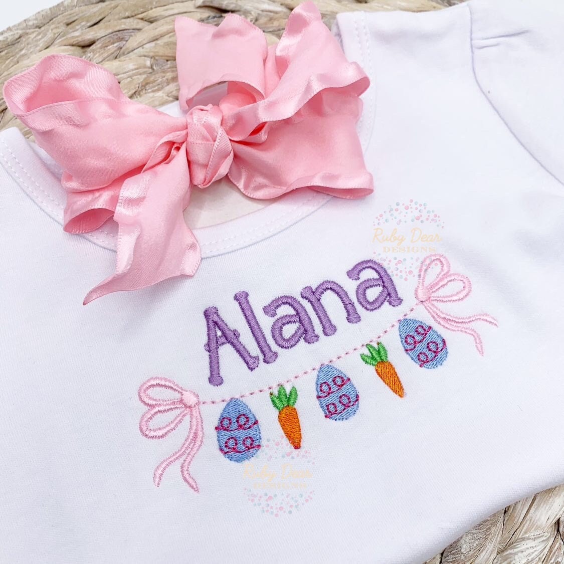 Easter Bow Swag with Eggs and Carrots Satin and Fill Stitch Machine Embroidery Design