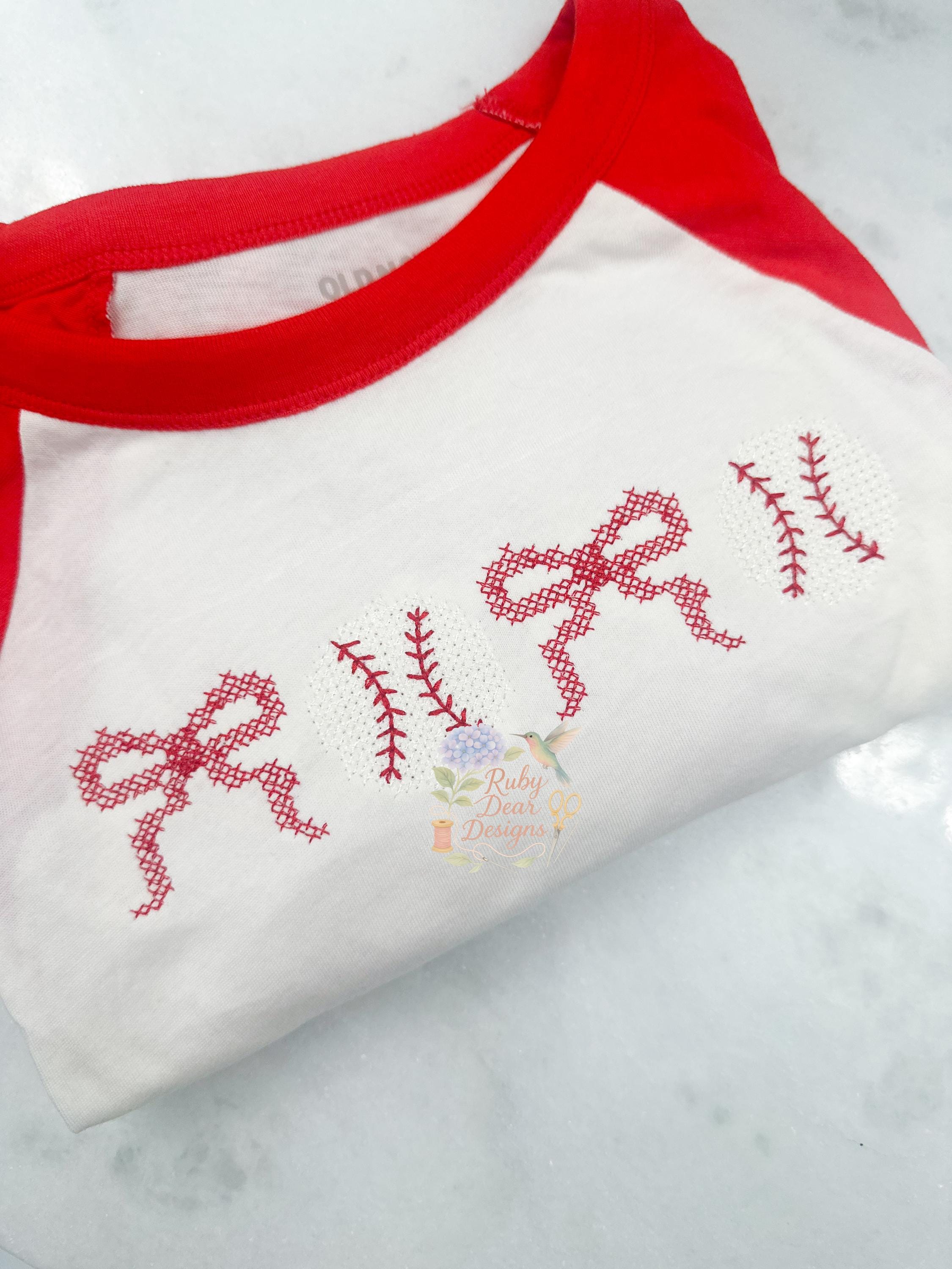 Baseball Bows Cross Stitch Inspired Machine Embroidery Design