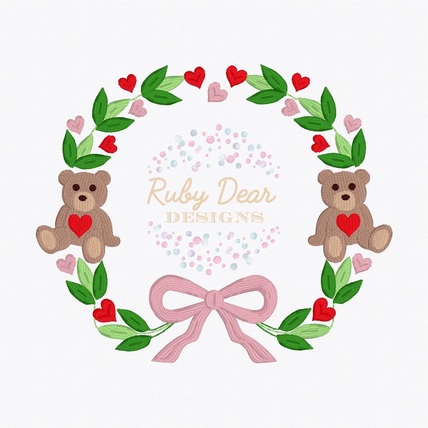 Valentine's Teddy Bear Monogram Frame Fill and Satin Stitch Machine Embroidery Design