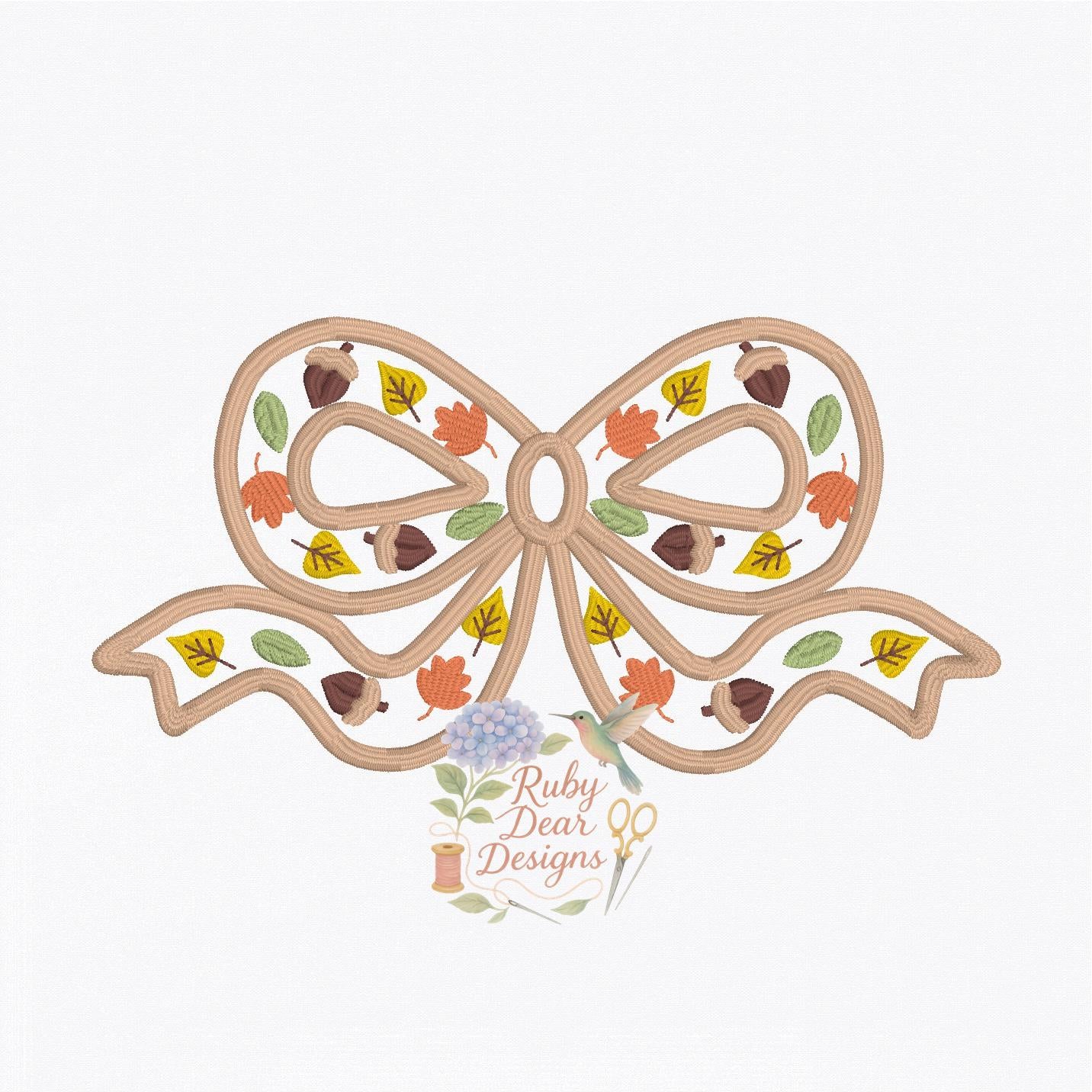 Fall Leaves and Acorns Bow Satin Outline Stitch Machine Embroidery Design