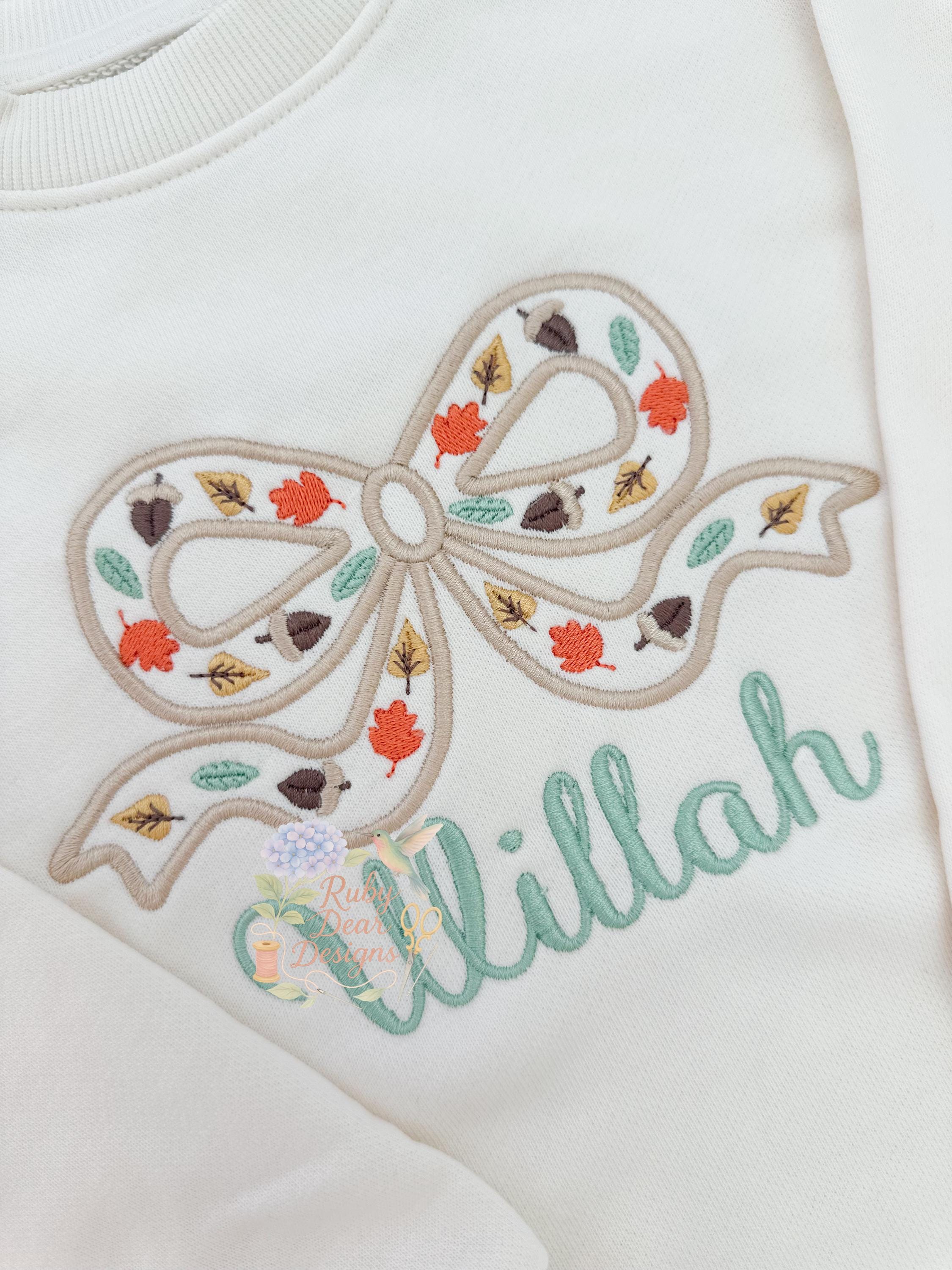 Fall Leaves and Acorns Bow Satin Outline Stitch Machine Embroidery Design