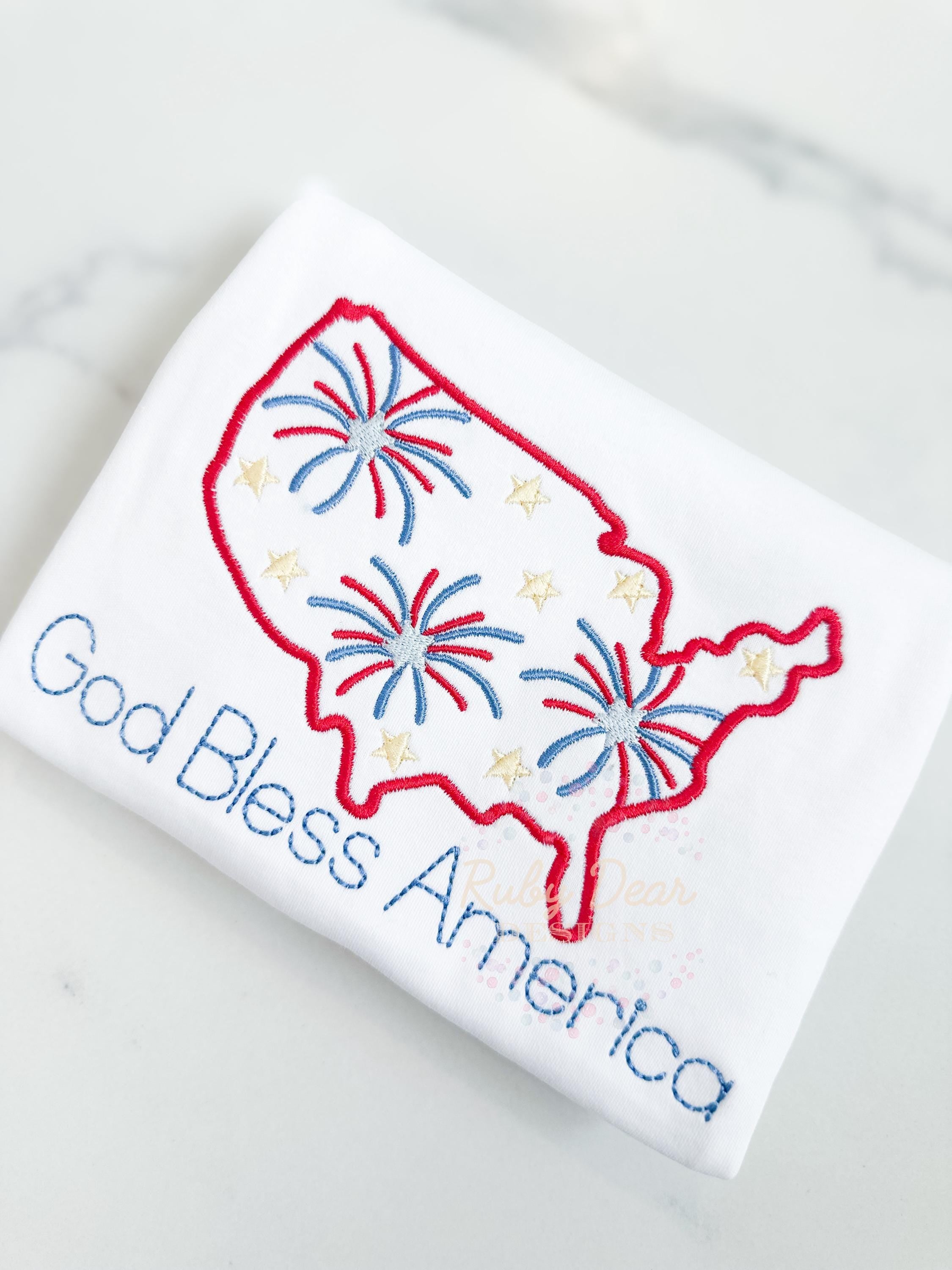 America July 4th Patriotic Outline with Firework and Stars Satin Stitch Machine Embroidery Design