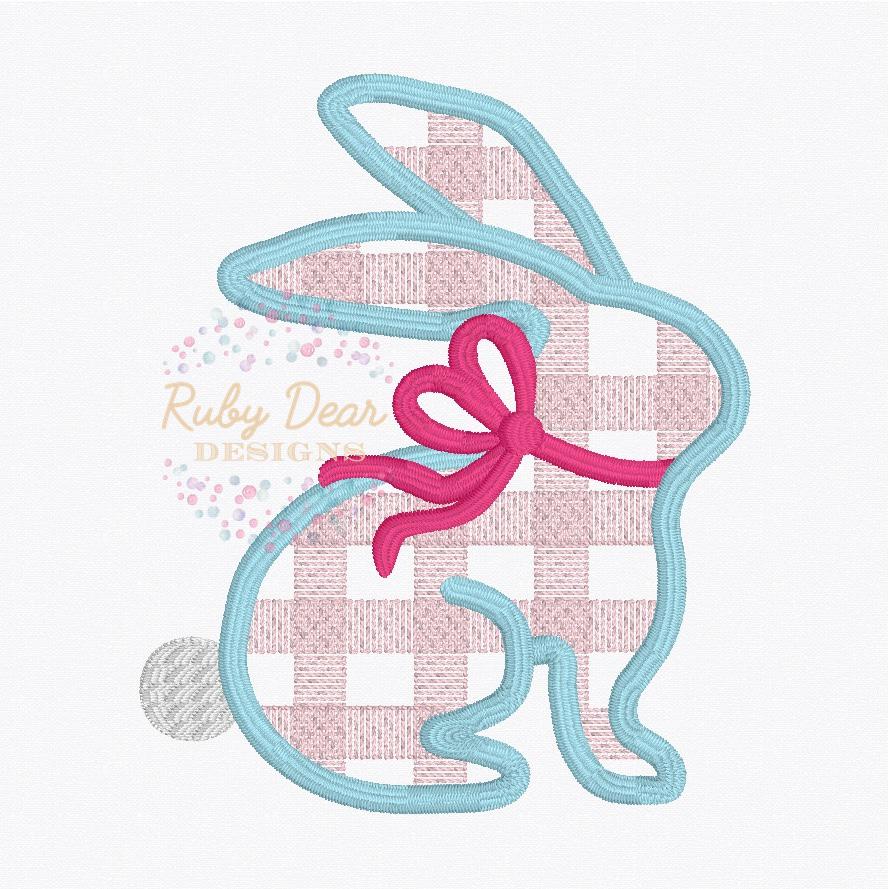 Bunny Girl with Bow Gingham Sketch with Satin Outline Machine Embroidery Design