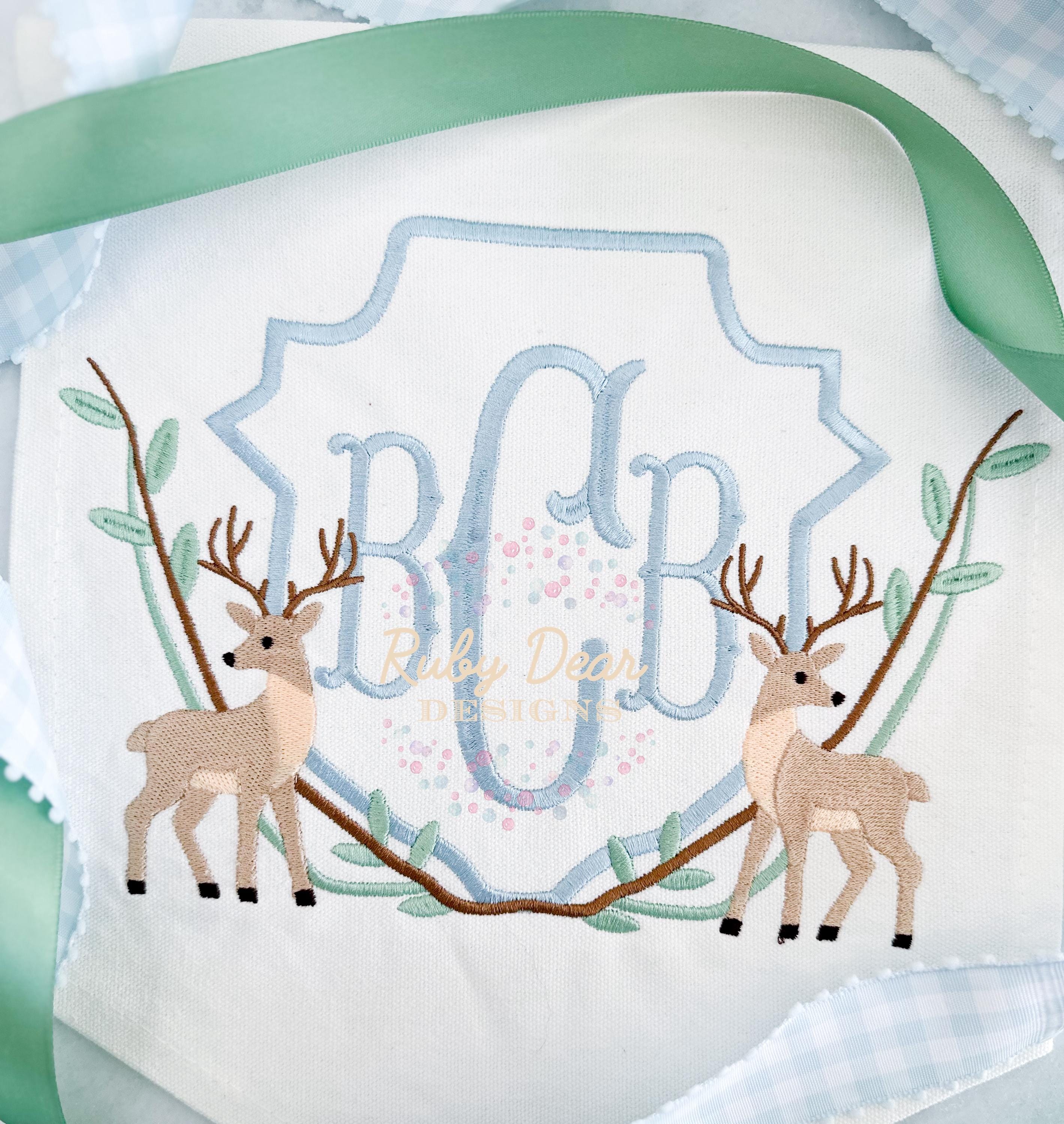 Buck Deer Crest with Leaves and Branches Fill and Satin Stitch Machine Embroidery Design