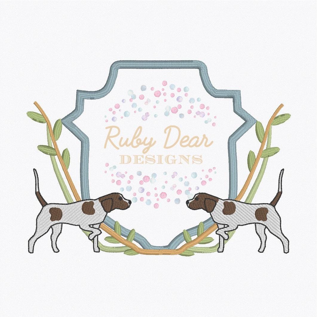 Bird Dog Crest with Leaves and Branches Fill and Satin Stitch Machine Embroidery Design