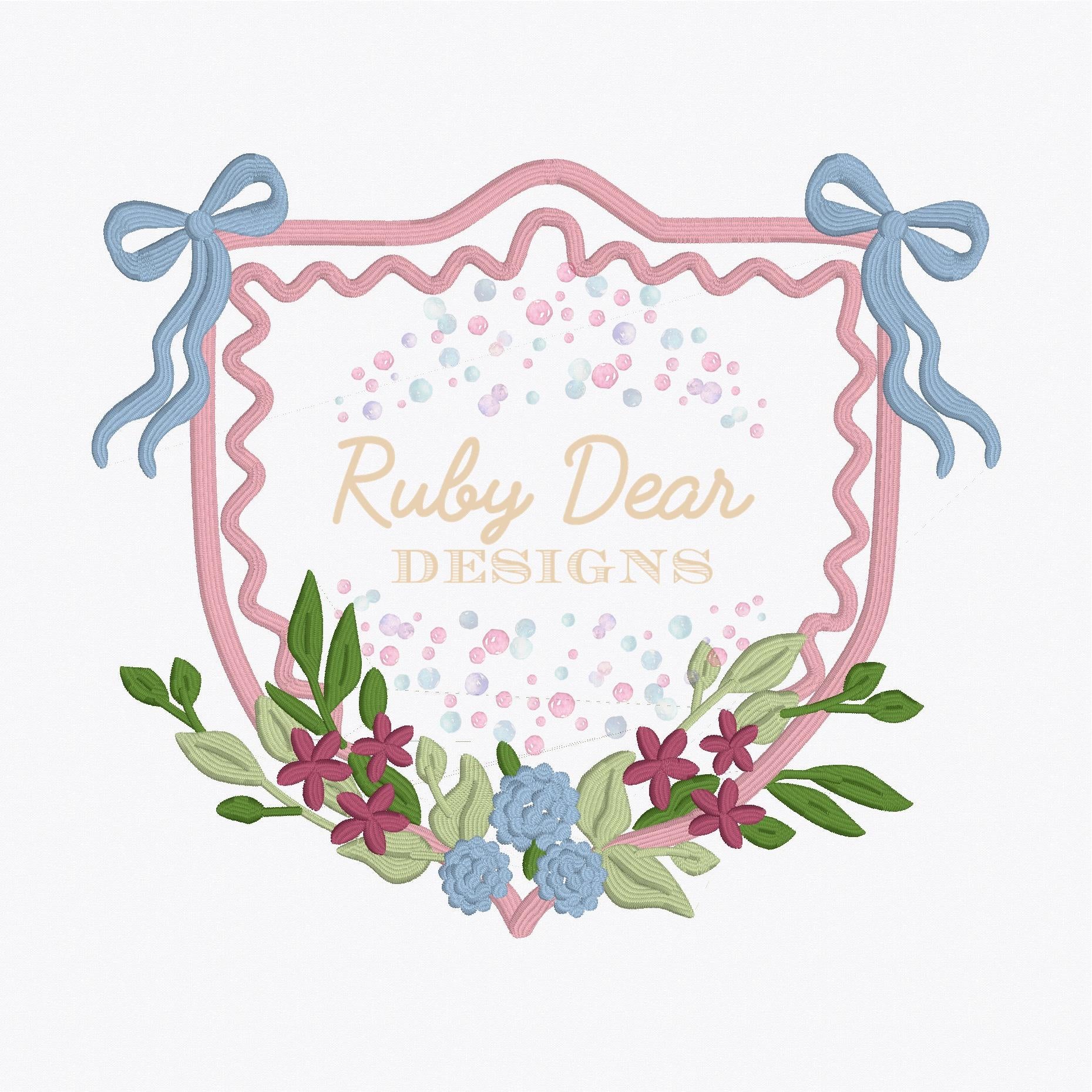 Elegant Floral Bow Crest Hydrangeas Satin Stitch Machine Embroidery Design