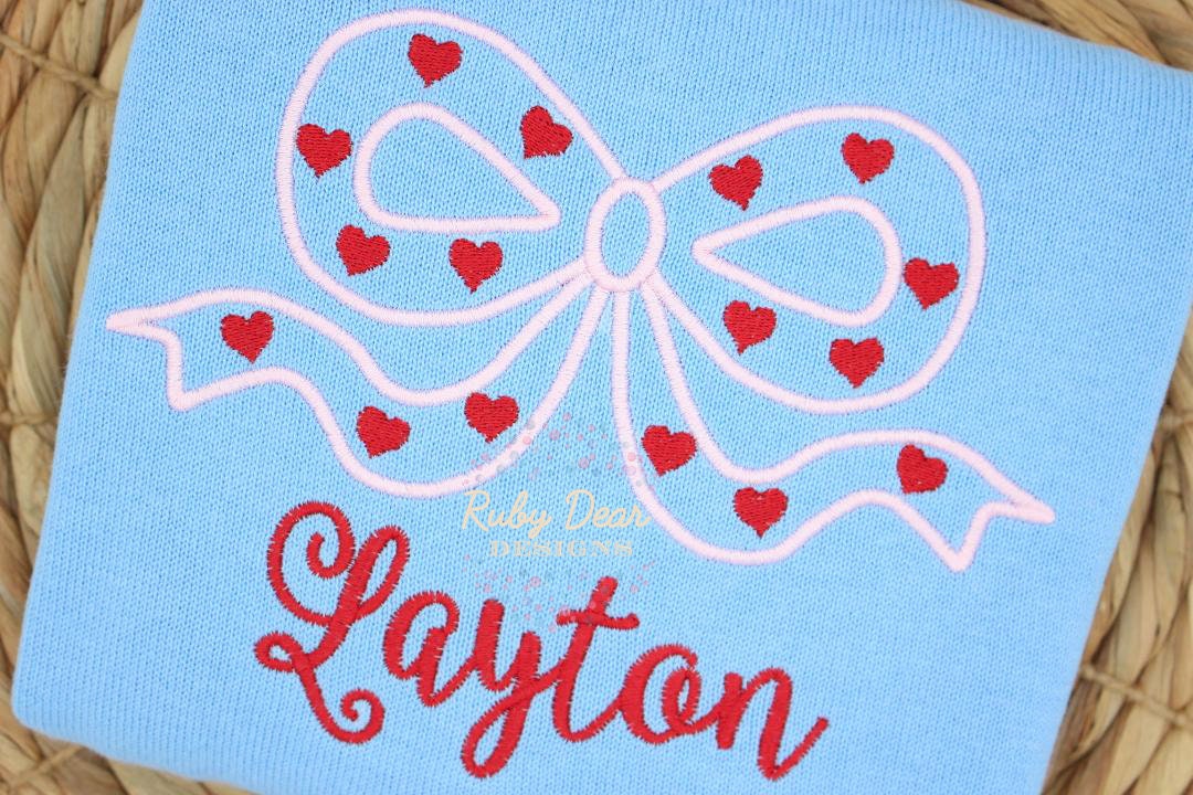 Valentine Bow Silhouette with Hearts Satin Stitch Machine Embroidery Design
