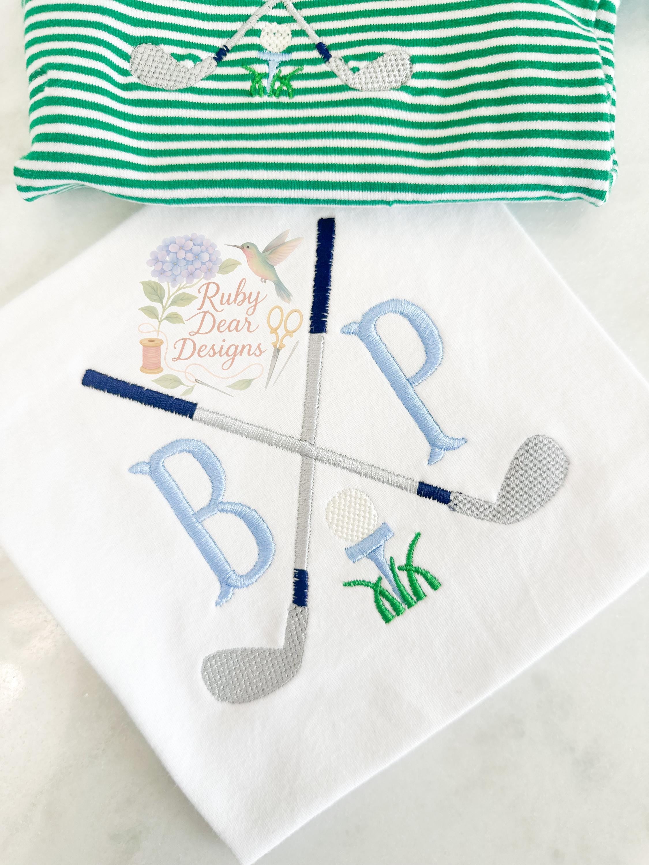 Golf Clubs with Ball and Tee Satin and Fill Stitch Machine Embroidery Design