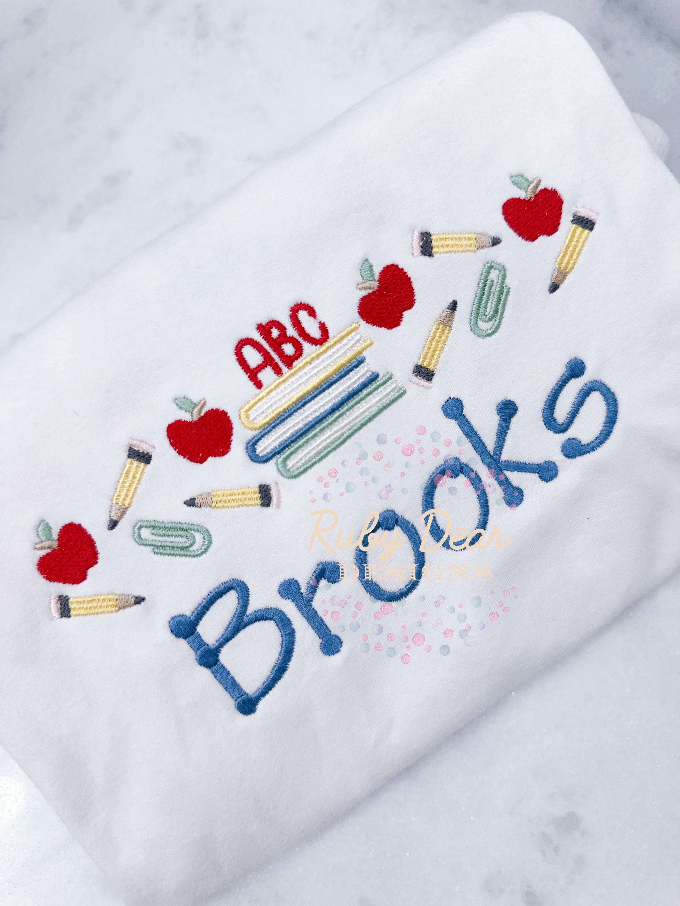 Back To School Book Stack School Supplies and Apples Row Satin and Fill Stitch Machine Embroidery Design