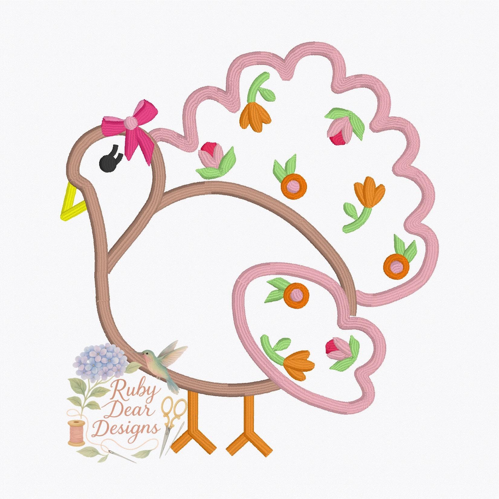 Turkey Girl with Florals Satin Outline Stitch Machine Embroidery Design