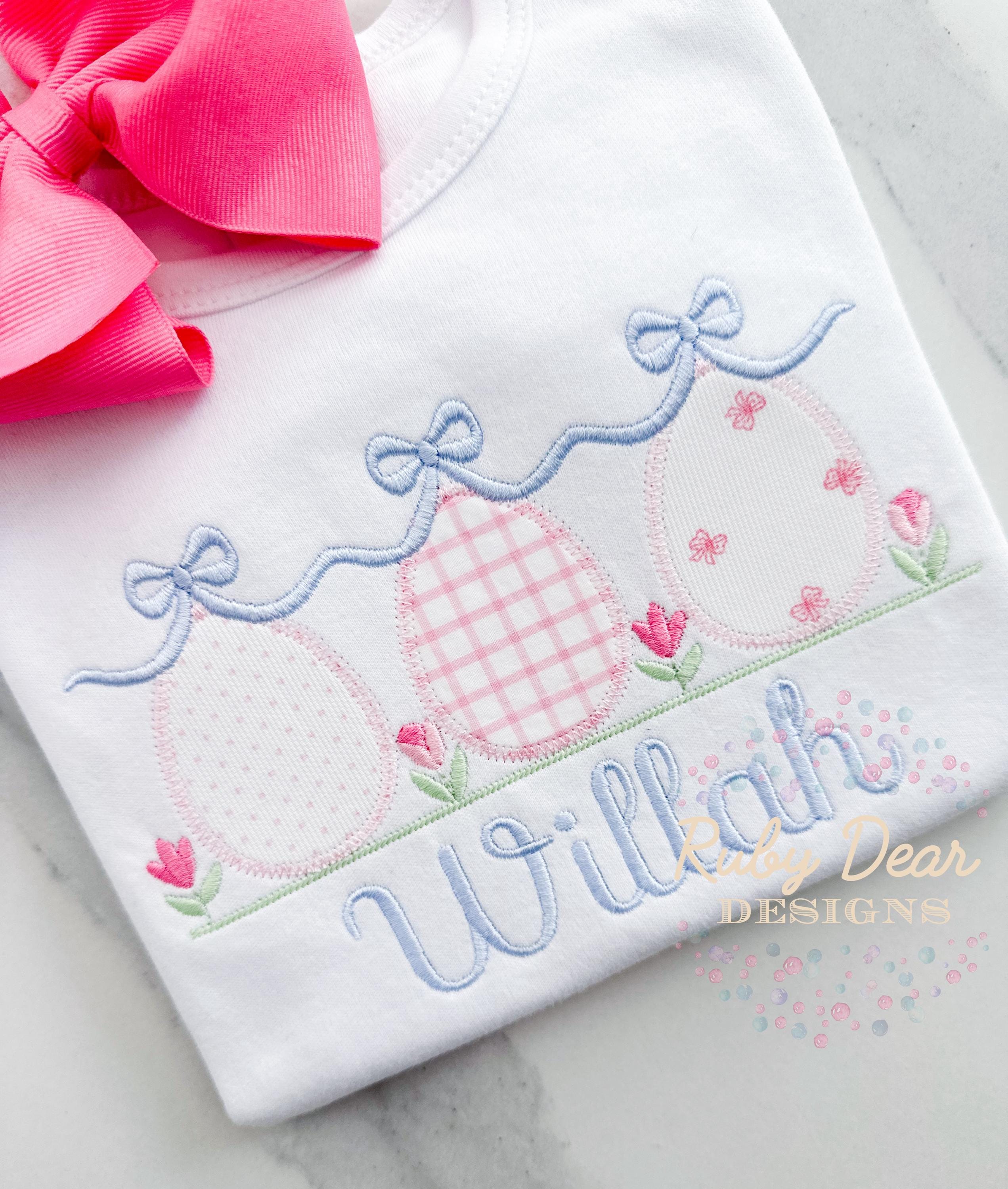 Easter Egg Trio and Elegant Bow Swag with Florals Zig Zag Appliqué Machine Embroidery Design