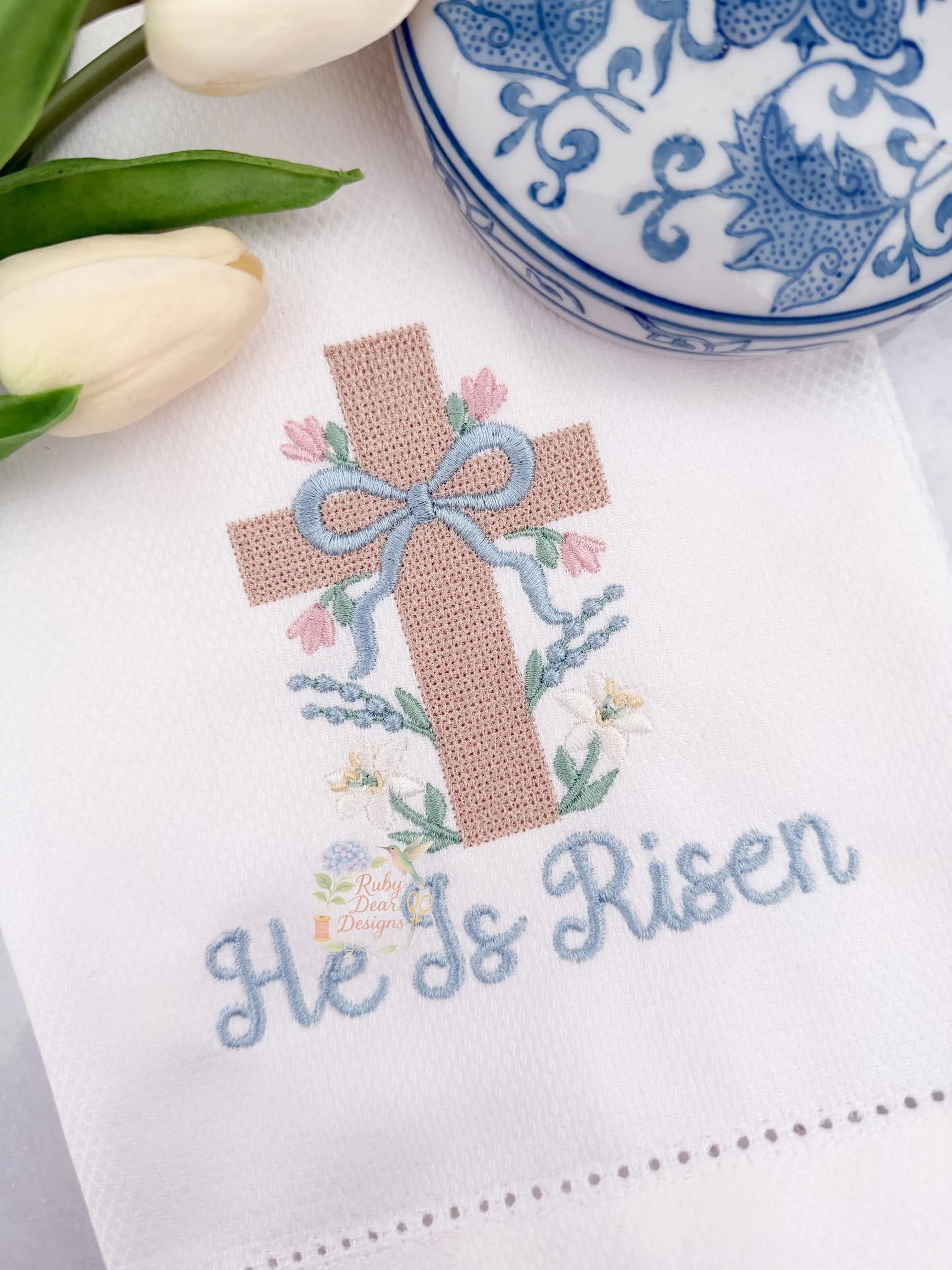 Floral Cross Stitch Cross with Bow Machine Embroidery Design