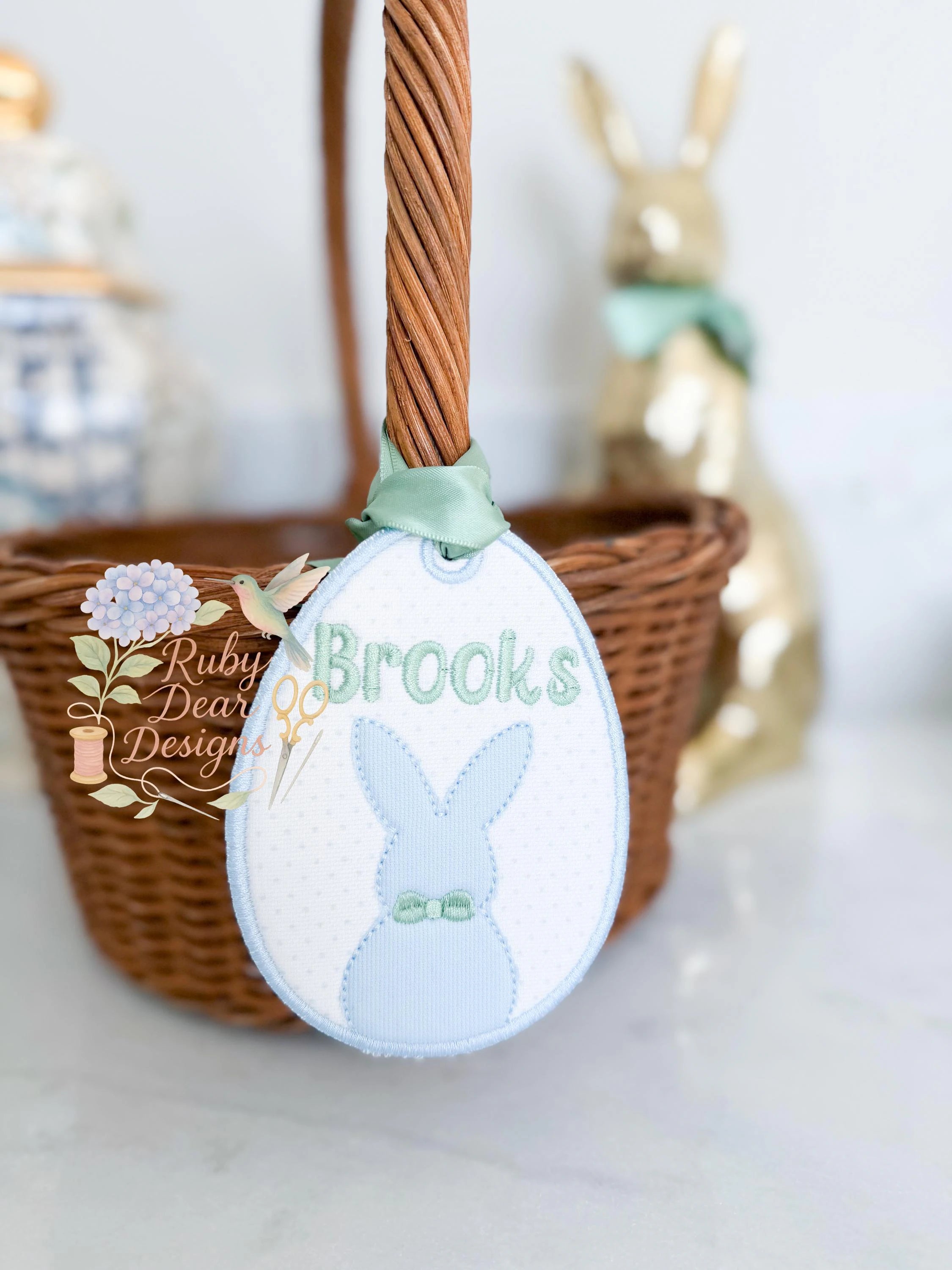 In The Hoop Easter Egg Boy Bunny Tag Satin and Bean Stitch Machine Embroidery Design